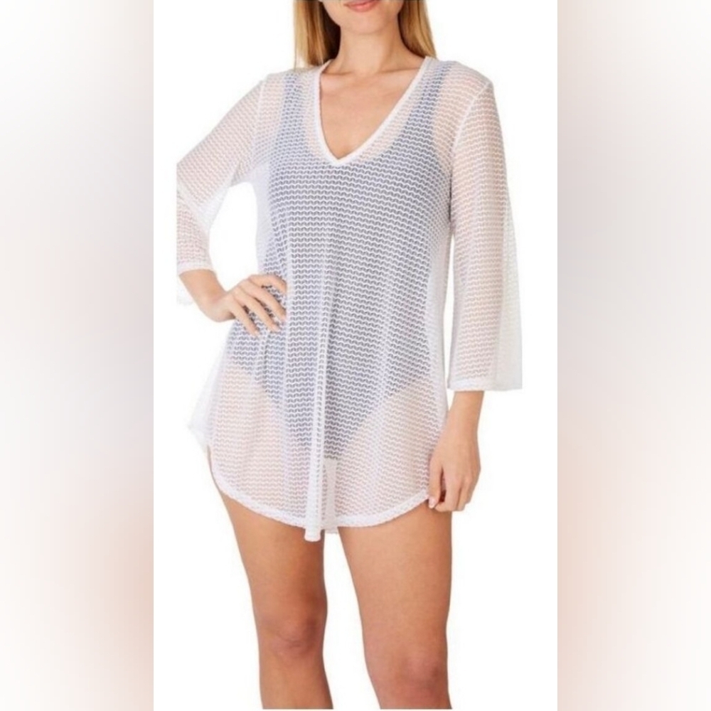 Jordan Taylor Swim Cover Up Mesh Tunic Bell Sleeve In Ivory Size M